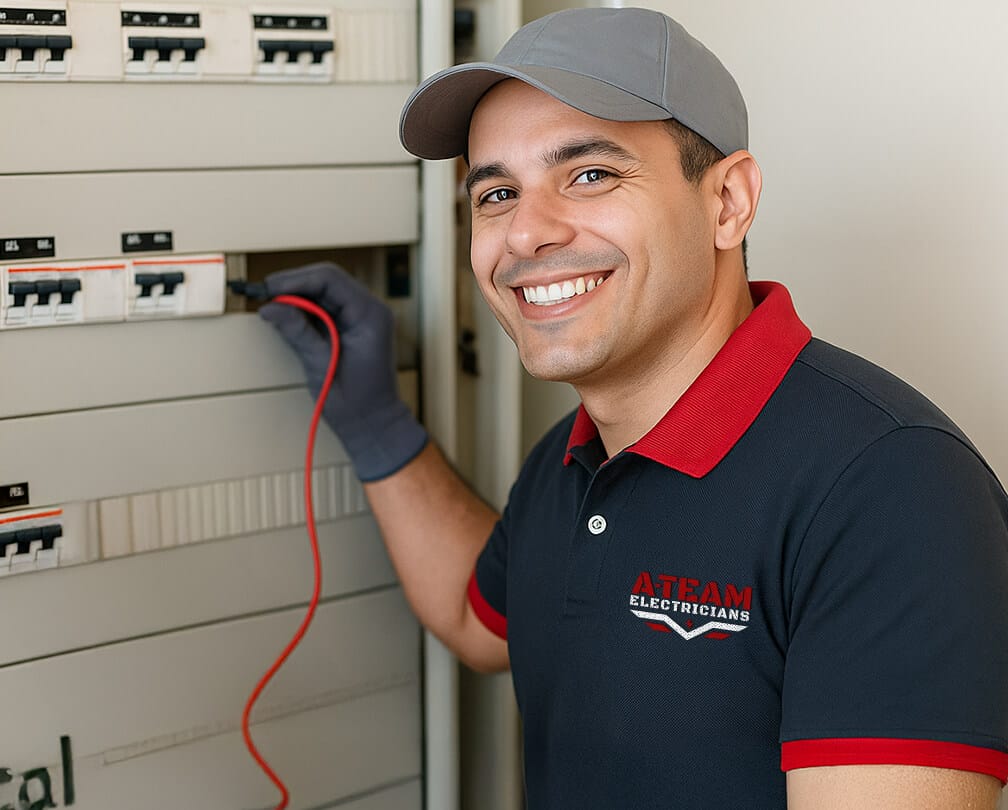 A smiling electrician works on an electrical panel.