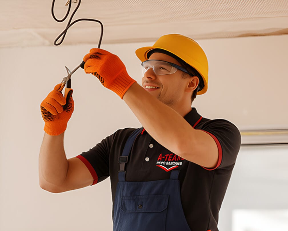 A worker wearing an orange safety helmet and gloves is using wire cutters to work on electrical wiring above a ceiling.