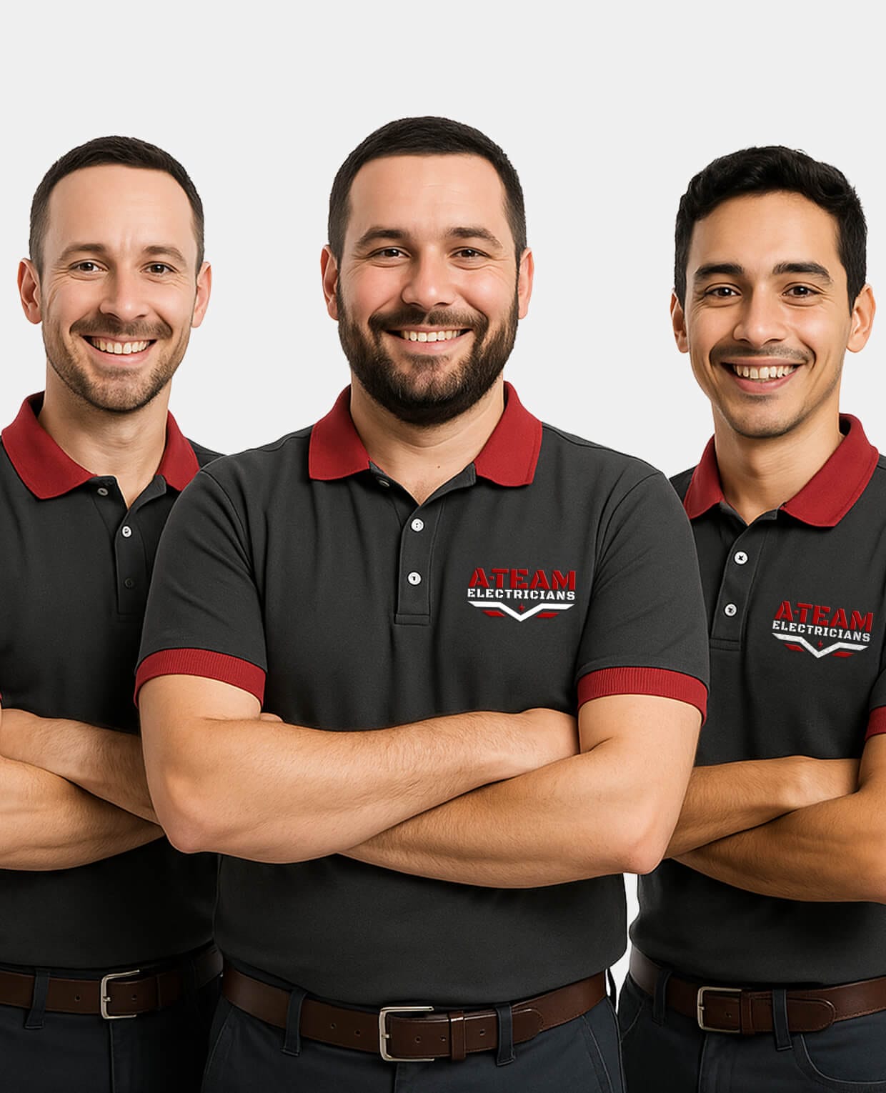 Three experts in matching black polo shirts with red collars and "A-Team" logos stand confidently with arms crossed.
