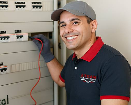 Smiling electrician wiring wall panel