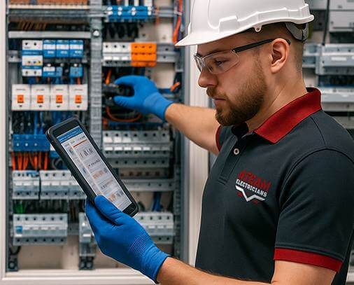 Electrician wearing blue gloves monitoring electrical panel