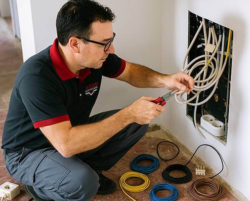 Electrician crouching and rewiring wires coming from a wall