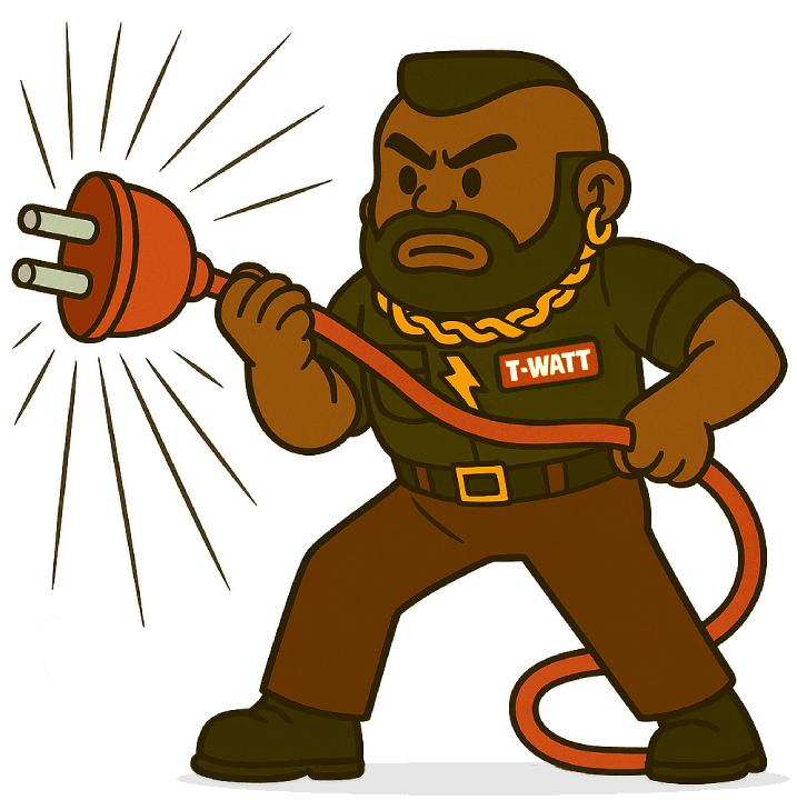 Cartoon character named "T-Watt" holding a body-sized power cord.